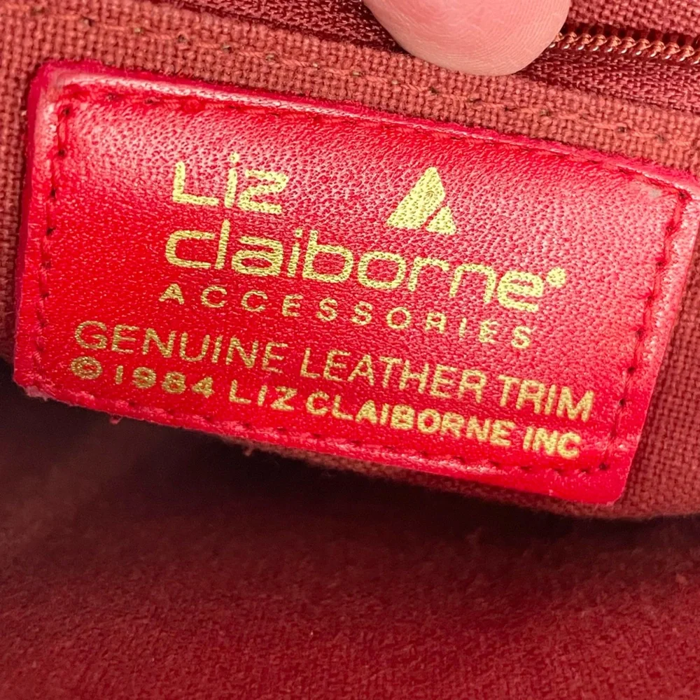 Vintage 1984 Liz Claiborne Red Leather Flap Bag Purse Geometric Print Adjustable